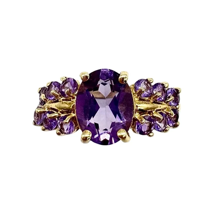 10K Yellow Gold Amethyst 2-Row Bridge Ring