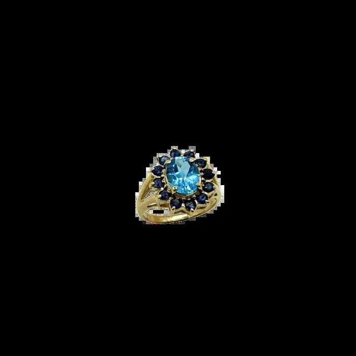 10k Yellow Gold Blue Topaz and Sapphire Halo Ring