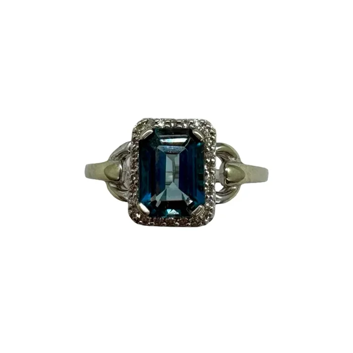 14K White Hold 1/4CTW Diamond Blue Topaz Halo Ring