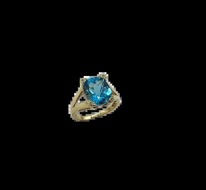 14k Yellow Gold Faceted Blue Topaz Ring with Diamond Accents