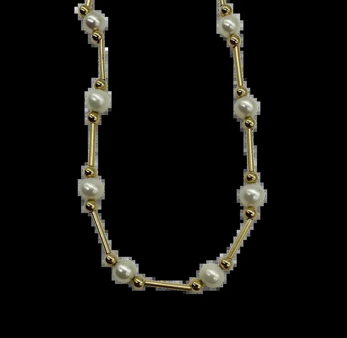 14K Yellow Gold Pearl & Bar Link Necklace