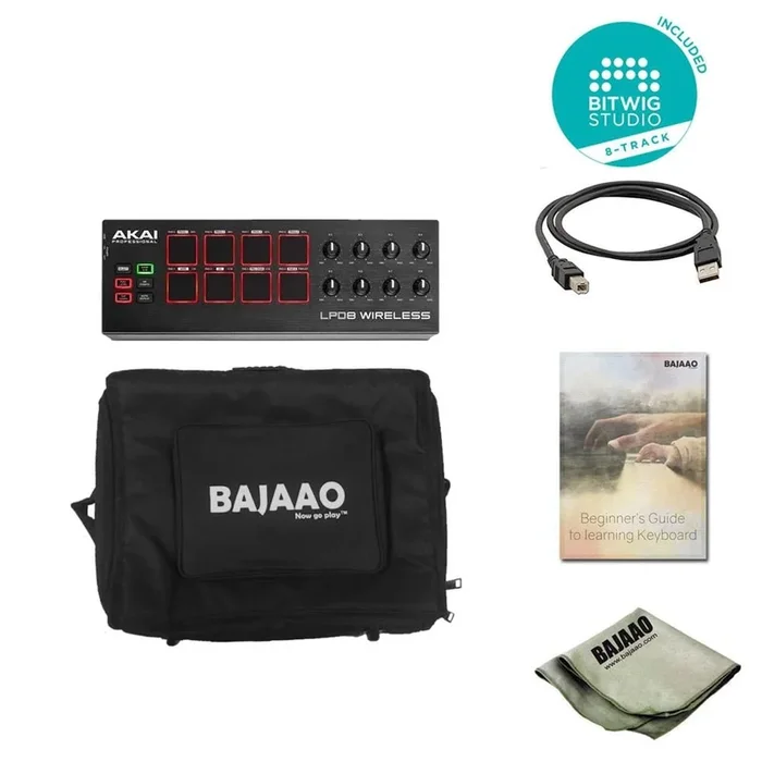 Akai LPD8 Wireless Laptop Pad MIDI Interface Controller With Bitwig Software, Polishing Cloth & Ebook