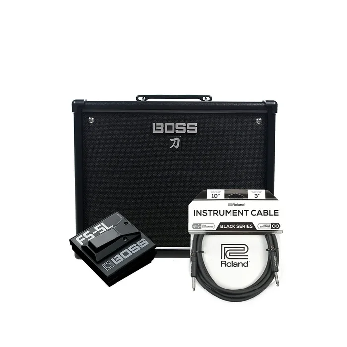 Boss Katana KTN‑50 50W 1×12 Guitar Combo Amplifier Black w/FS-5L Latch Footswitch and Cable Bundle