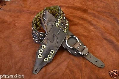 Carlino MetalMan Brown Leather Brass Grommet Guitar Strap, 3.05″ wide with lace