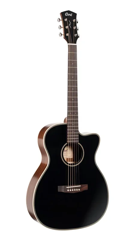 Cort OC4BTSG Essence Series ES-OC4 OM Cutaway Acoustic-Electric Guitar, Black Top Semi Gloss