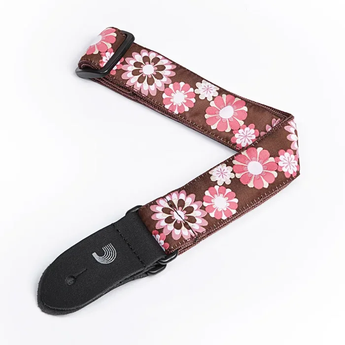 D’Addario 1.5″ Nylon Ukulele Strap – Brown and Pink Flowers