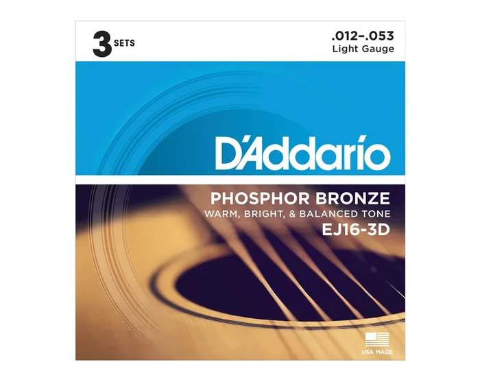 D’Addario EJ16-3D Phosphor Bronze Acoustic Guitar Strings (3 Pack)