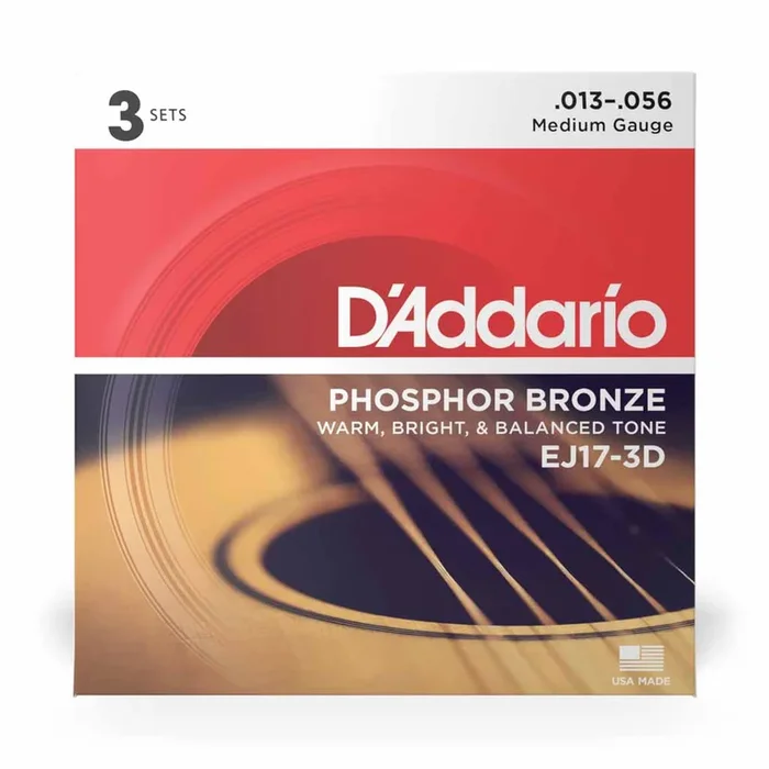 D’Addario EJ17-3D Medium 13-56 Phosphor Bronze Acoustic Guitar String 3 Pack