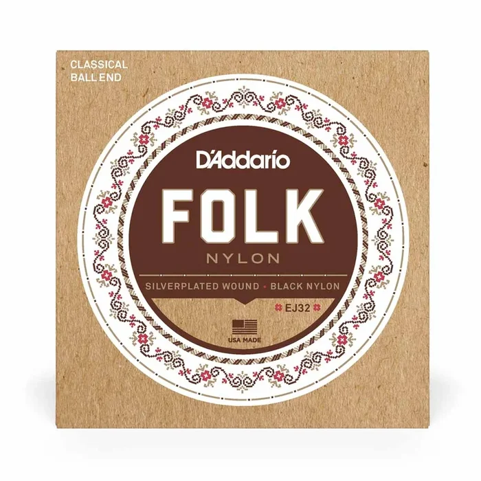D’Addario EJ32 Folk Nylon Silver Plated Copper/Black Nylon Ball End Guitar Strings