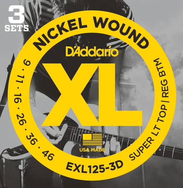 D’Addario EXL125-3D Nickel Wound Electric Guitar Strings, Super Light Top/Regular Bottom, 9-42, 3 Sets
