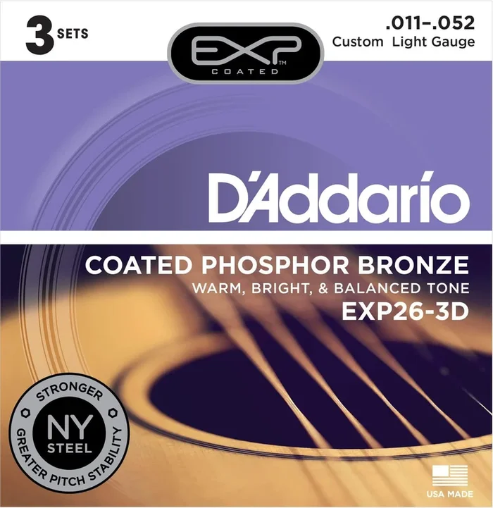D’Addario EXP26-3D Acoustic Strings Coated Phosphor Bronze 11-52 Custom Light 3-Pack