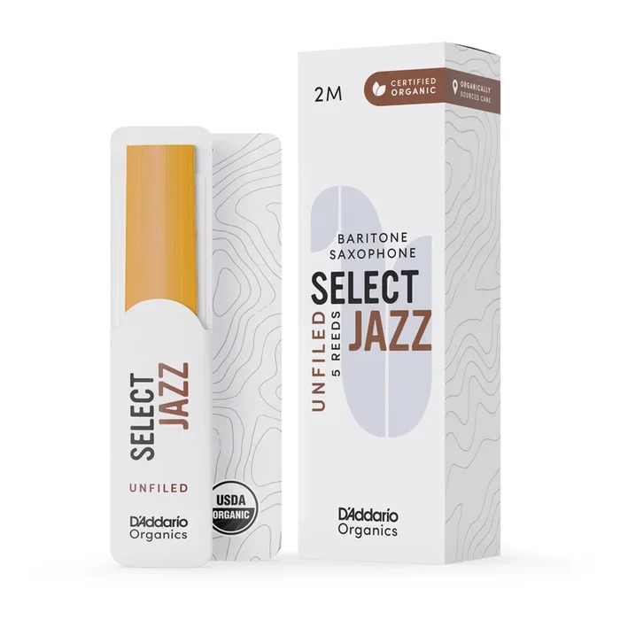 D’Addario Organic Select Jazz Unfiled Baritone Sax Reeds, Strength 2 Med, 5-pack