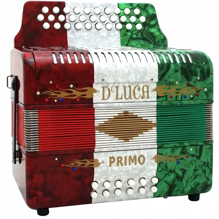 D’Luca Primo Button Accordion 31 Keys 12 Bass on GCF Key with Case and Straps, Red, White, Green