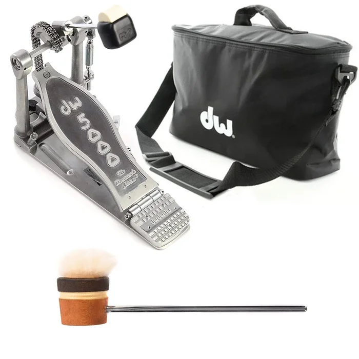 DW 5000 Modern Retro Turbo Single Bass Drum Pedal Bundle w/Bag & Low Boy Lightweight Puff Daddy Amber/Brown/Gold Stripe CDE Logo Beater