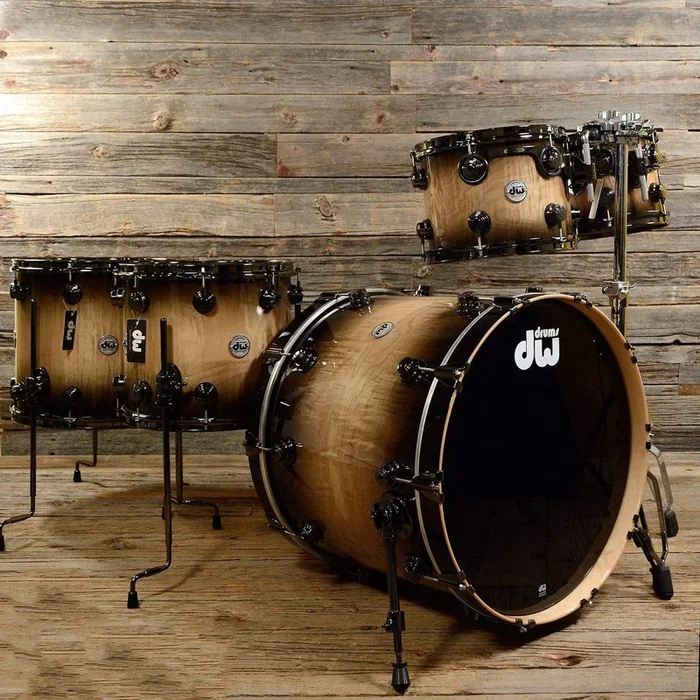 DW Collector’s Series 10/12/14/16/22 5pc. Exotic Drum Kit Natural to Candy Black Burst Over Heartwood Curly Maple w/Black Nickel Hdw