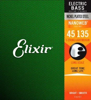 Elixir Electric Bass Nickel Plated Steel w/NANOWEB | 5str Light/Medium Long Scale .045-.135