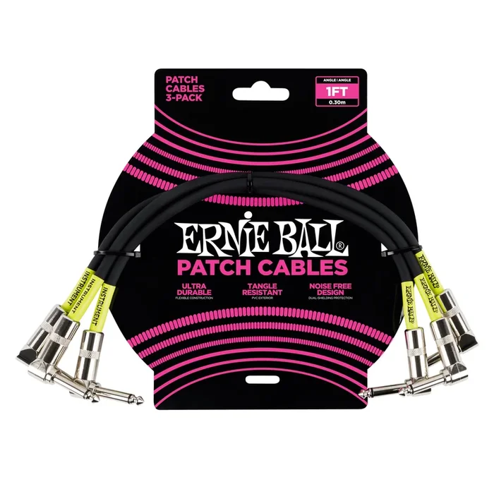 Ernie Ball 1′ Angle / Angle Patch Cable 3-Pack – Black