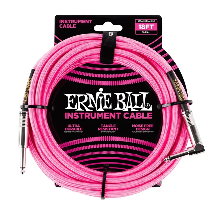 Ernie Ball 18′ Braided Straight / Angle Instrument Cable – Neon Pink