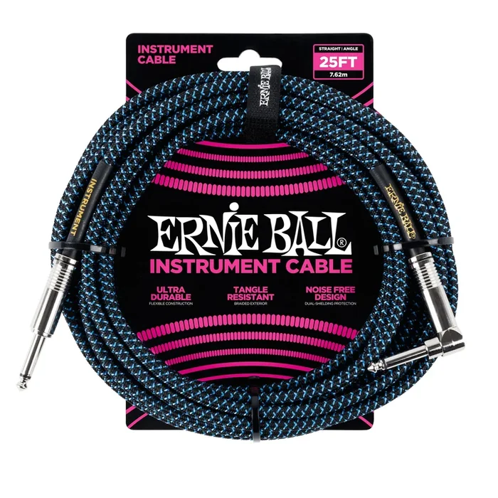 Ernie Ball 25′ Braided Straight / Angle Instrument Cable – Black / Blue
