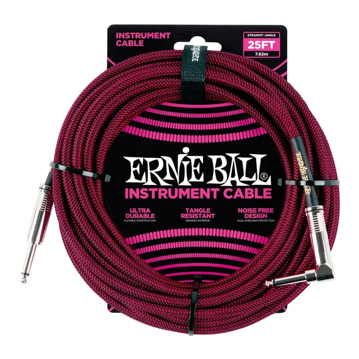 Ernie Ball 25′ Braided Straight / Angle Instrument Cable – Black / Red