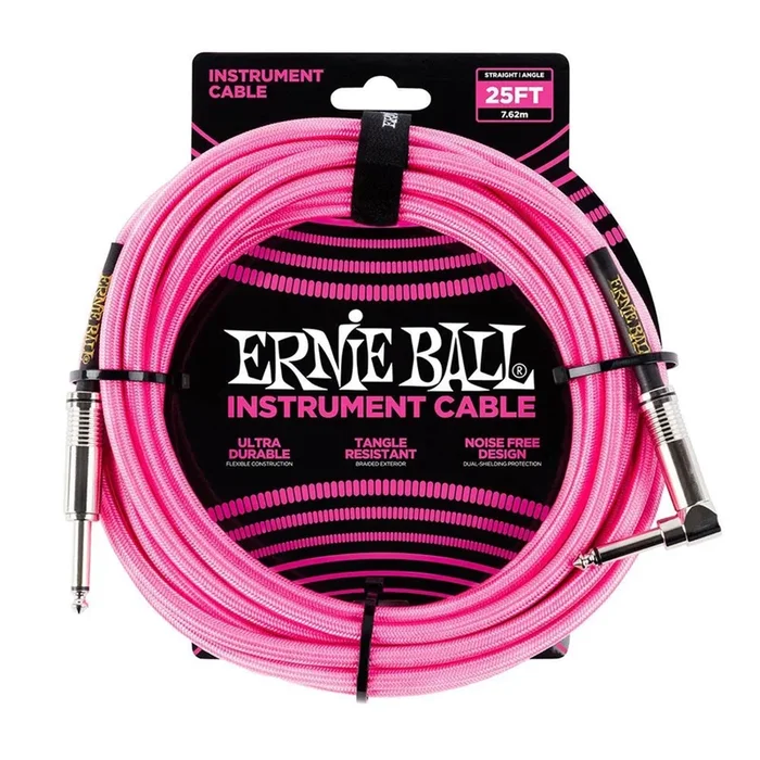 Ernie Ball 25′ Straight/Angle Braided Neon Pink Cable