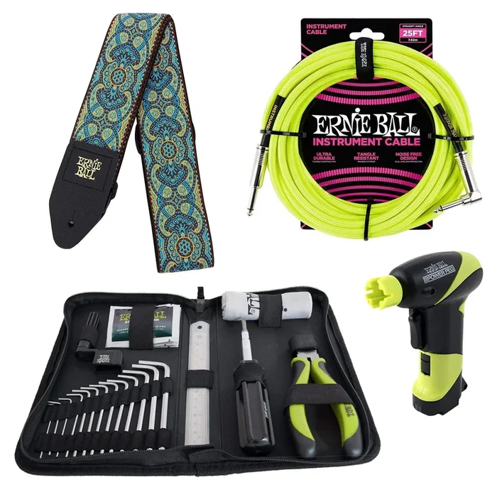 Ernie Ball 4114 Musician’s Tool Kit, Power Peg, Jacquard Strap and Braided Cable Bundle #14