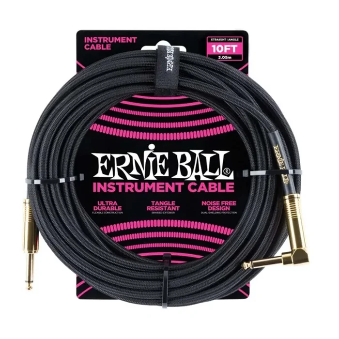 Ernie Ball P06081 Braided Straight to Right Angle Instrument Cable – 10 foot Black