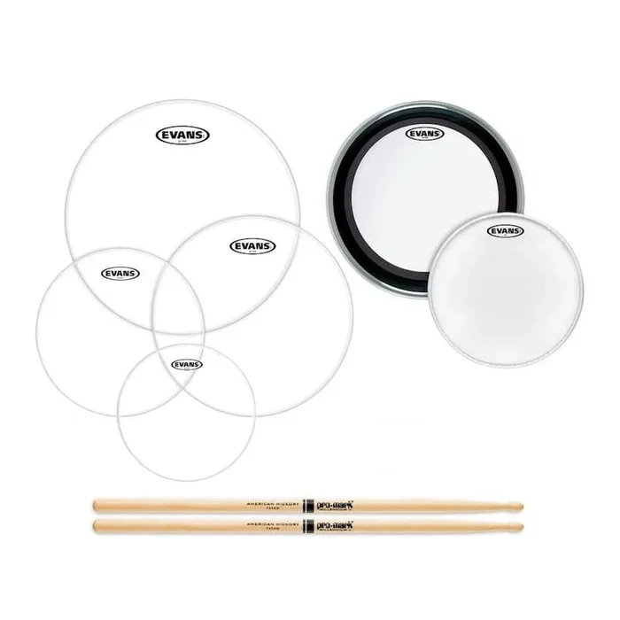 Evans American Upgrade Clear Drumhead Pack 10/12/14/16/22 w/FREE 14″ & 5A Sticks