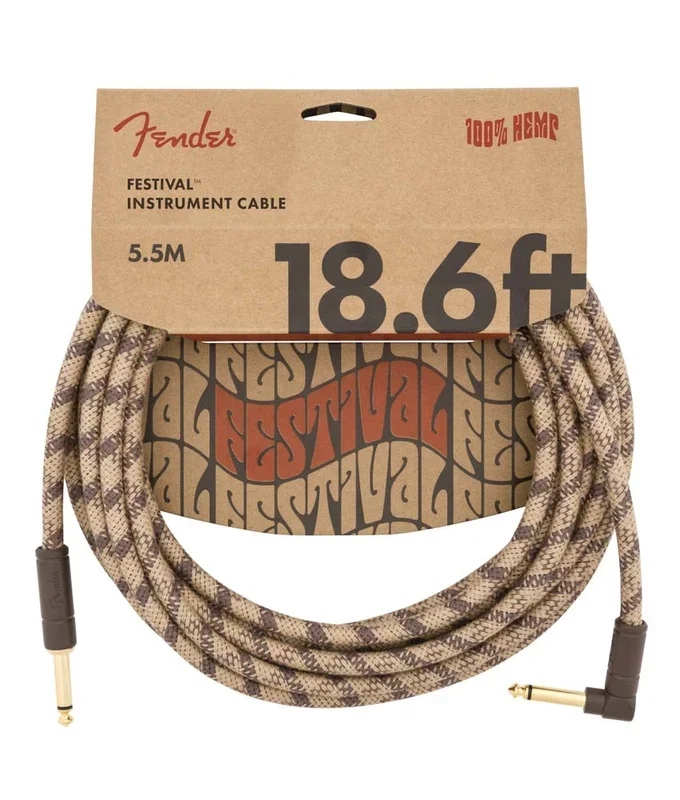 Fender 18.6′ Angled Festival Instrument Cable, Pure Hemp, Brown Stripe