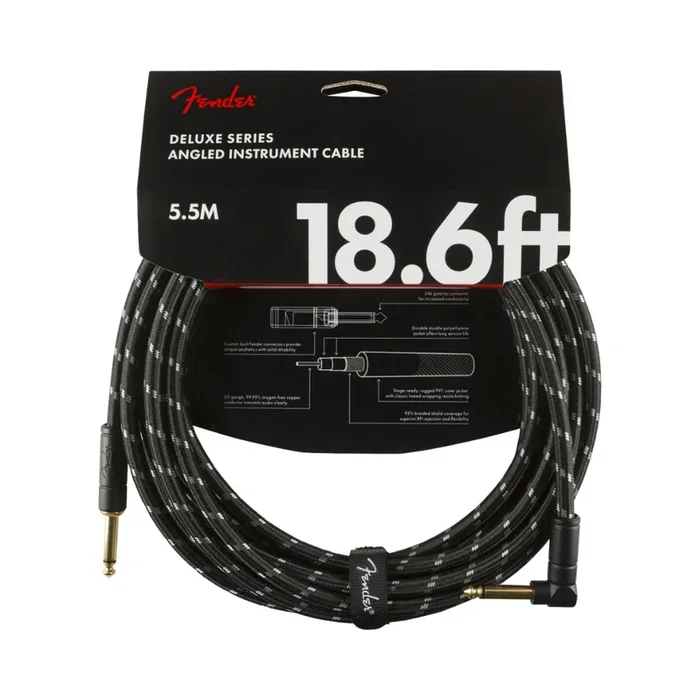 Fender Deluxe Series Straight to Right Angle Instrument Cable – 18.6 foot Black Tweed