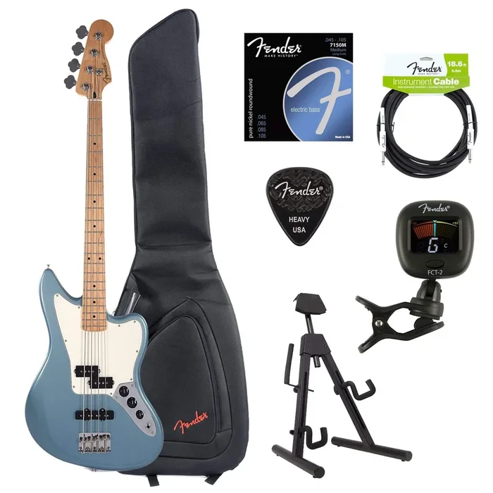 Fender Player Jaguar Bass Tidepool Bundle w/Fender Gig Bag, Stand, Cable, Tuner, Picks and Strings
