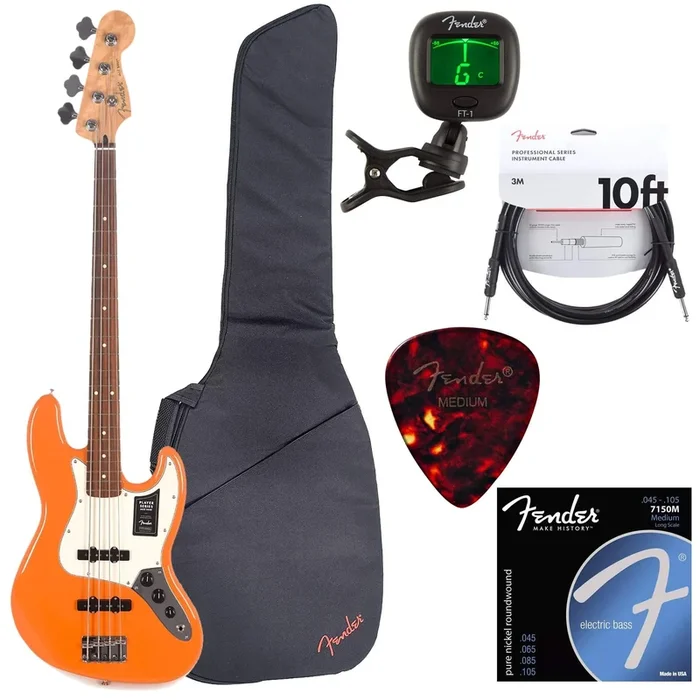 Fender Player Jazz Bass PF Capri Orange w/Gig Bag, Tuner, Cables, Picks and Strings Bundle