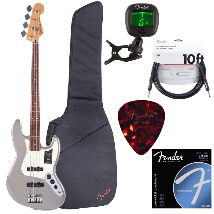 Fender Player Jazz Bass PF Silver w/Gig Bag, Tuner, Cables, Picks and Strings Bundle