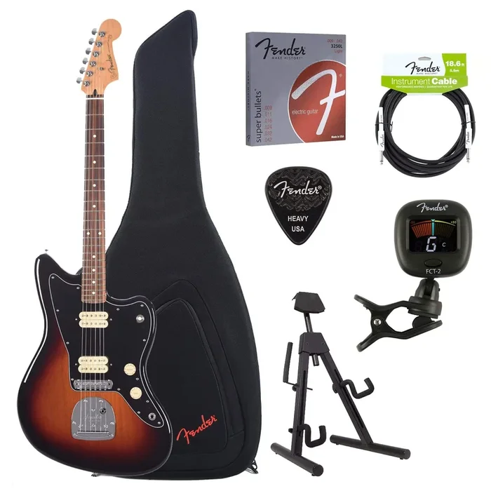 Fender Player Jazzmaster 3-Color Sunburst Bundle w/ Gig Bag, Stand, Cable, Tuner, Picks and Strings