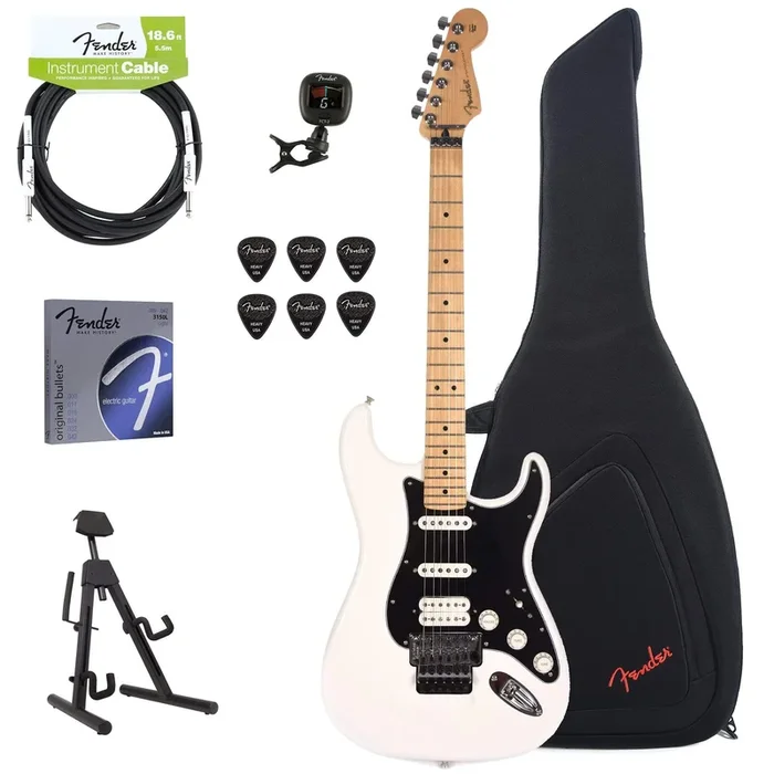 Fender Player Stratocaster Floyd Rose HSS Polar White Bundle w/Fender Gig Bag, Stand, Cable, Tuner, Picks and Strings