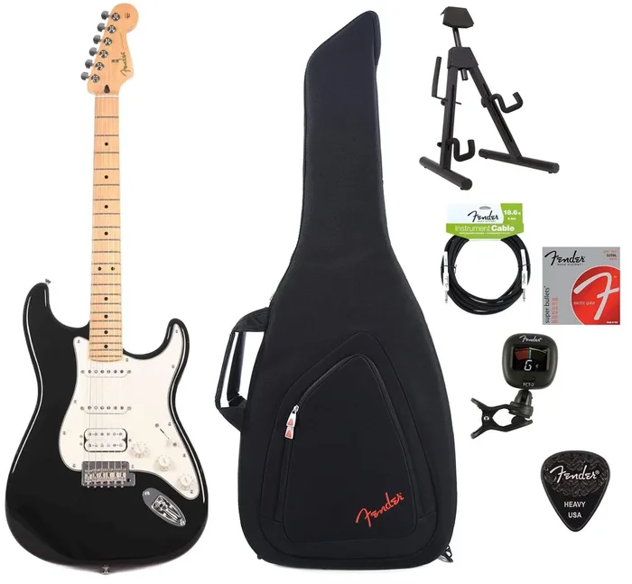 Fender Player Stratocaster HSS MN Black Bundle w/Fender Gig Bag, Stand, Cable, Tuner, Picks and Strings