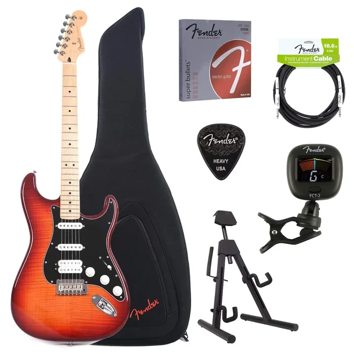 Fender Player Stratocaster HSS Plus Top Aged Cherry Burst Bundle w/Fender Gig Bag, Stand, Cable, Tuner, Picks and Strings