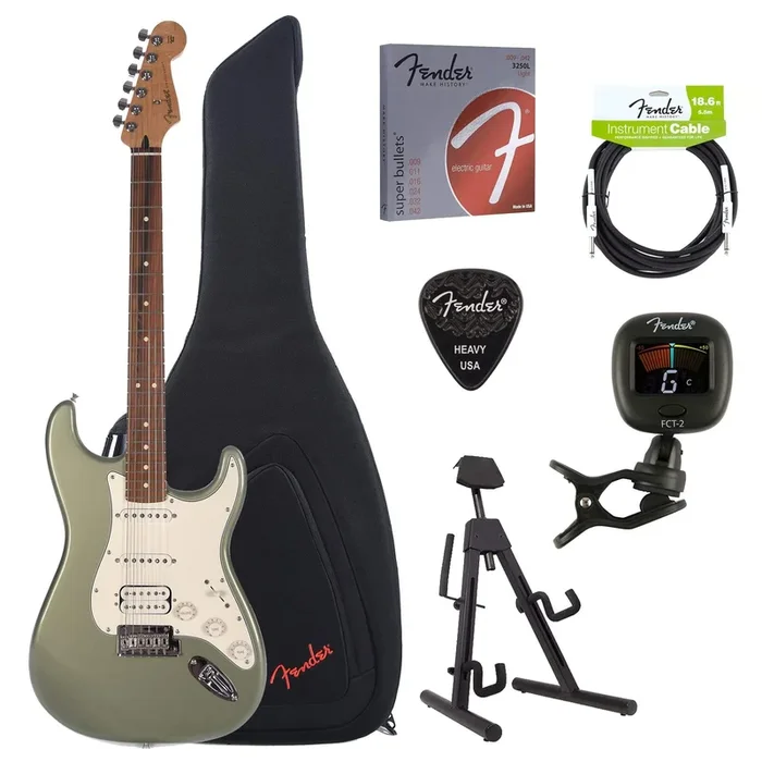 Fender Player Stratocaster HSS Sage Green Metallic Bundle w/Fender Gig Bag, Stand, Cable, Tuner, Picks and Strings