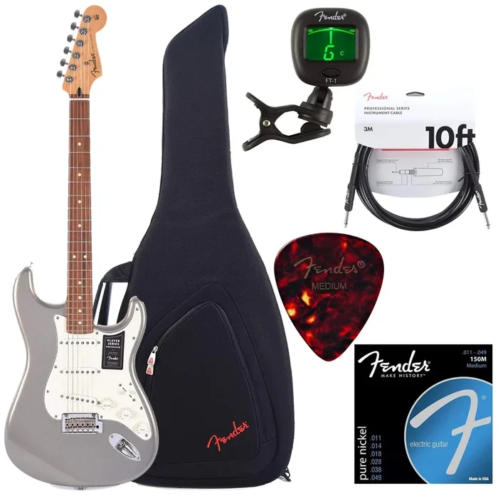 Fender Player Stratocaster PF Silver w/Gig Bag, Tuner, Cables, Picks and Strings Bundle