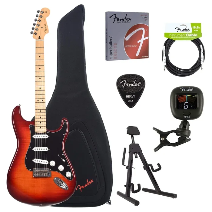 Fender Player Stratocaster Plus Top Aged Cherry Burst Bundle w/Fender Gig Bag, Stand, Cable, Tuner, Picks and Strings