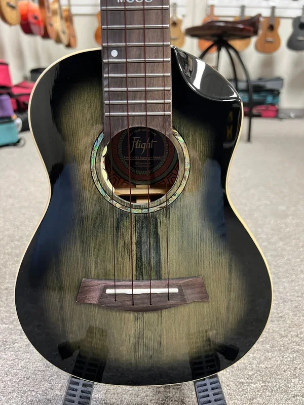 Flight Peter Moss Solid Spruce/Mahogany Electric Concert Ukulele w/Case -Black Moonburst