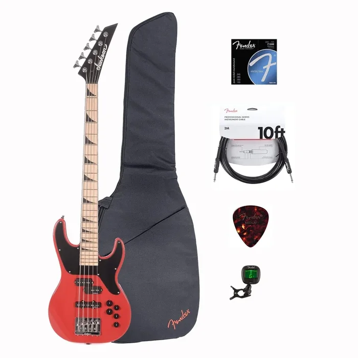 Jackson X Series CBXNTM V Bass Fiesta Red w/Gig Bag, Tuner, Cables, Picks and Strings Bundle