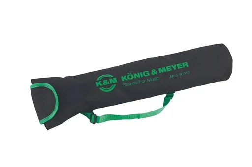 K&M, medium length black stand bag with green carrying strap, trim and logo