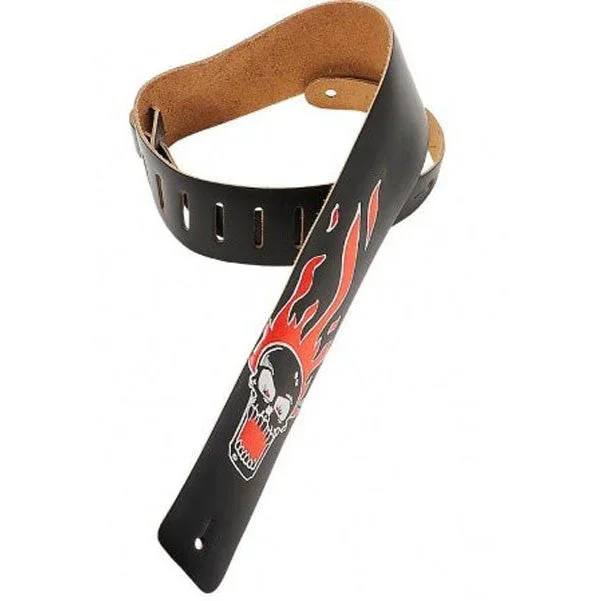Levys M1FS-Black Flaming Skull 2.5inch Leather Guitar Strap