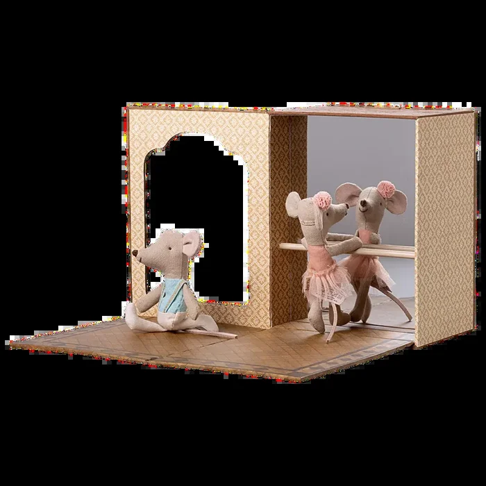 Maileg little sister and brother mouse in ballet dance studio