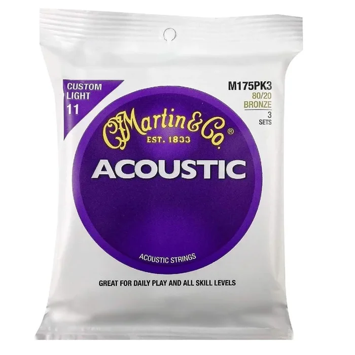 Martin M175 80/20 Acoustic Guitar Strings, Custom Light 3 Pack