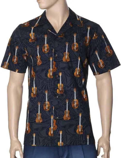 Men’s Hawaiian Shirt – Ukulele on Tribal Weave Background