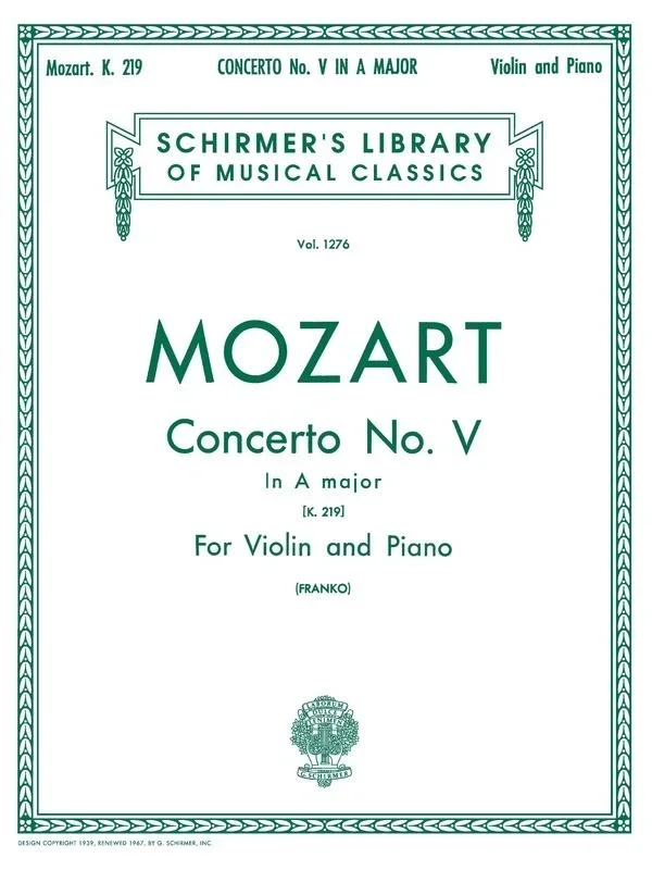 Mozart, Concerto No. 5 in A K. 219 for Violin and Piano (Schirmer)