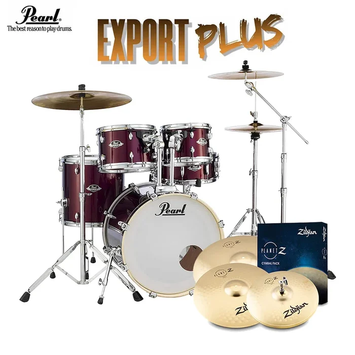 Pearl Export 20″ EXX Fusion Drum Kit Package with Zildjian Cymbals & Hardware – Black Cherry Glitter