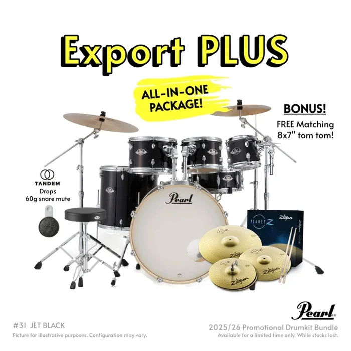 Pearl Export Plus 5pc 22″ Fusion Drum Kit with Zildjian Cymbals – Jet Black